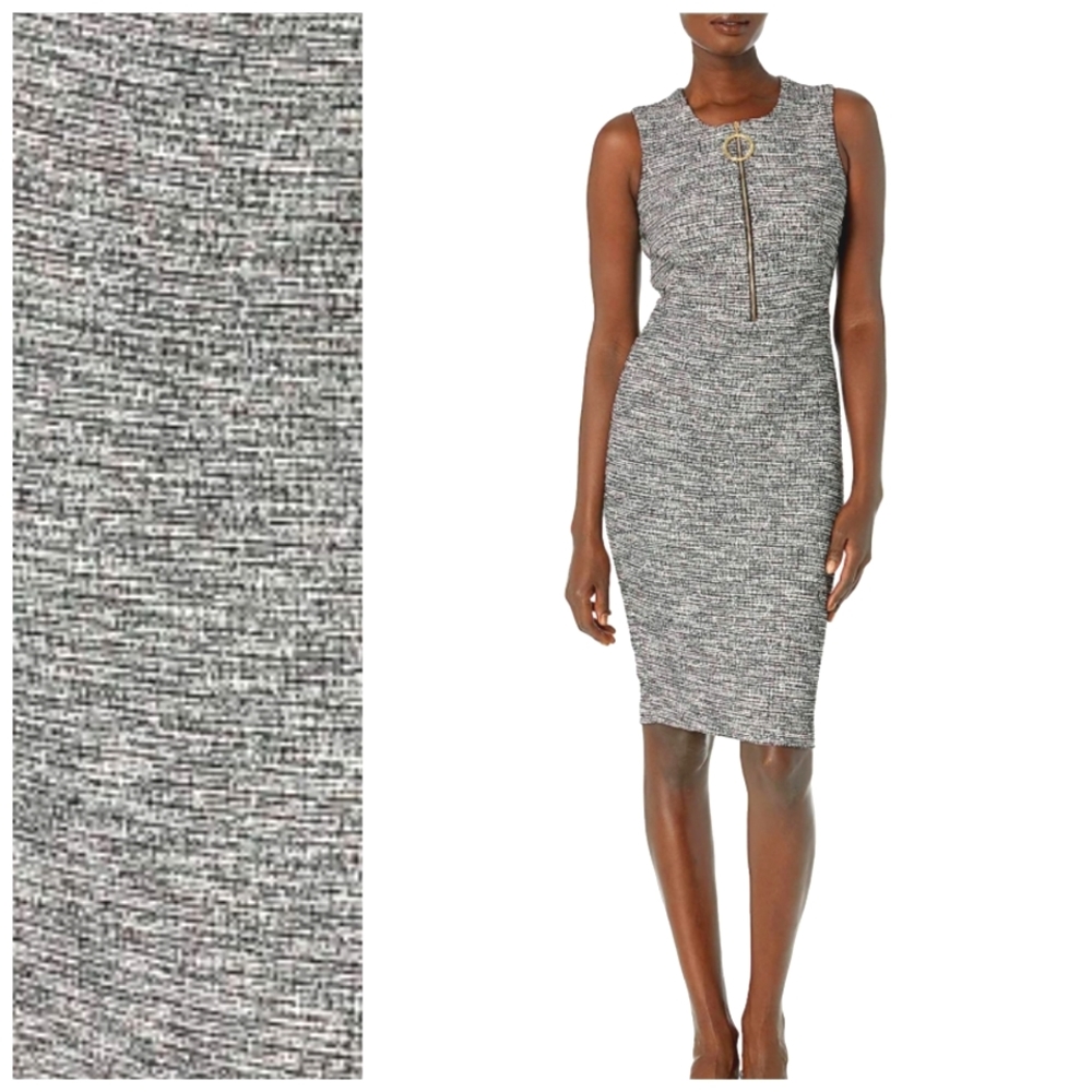 Calvin Klein Textured Deep Navy/White Sleeveless Gold  Zip Circle Sheath Dress